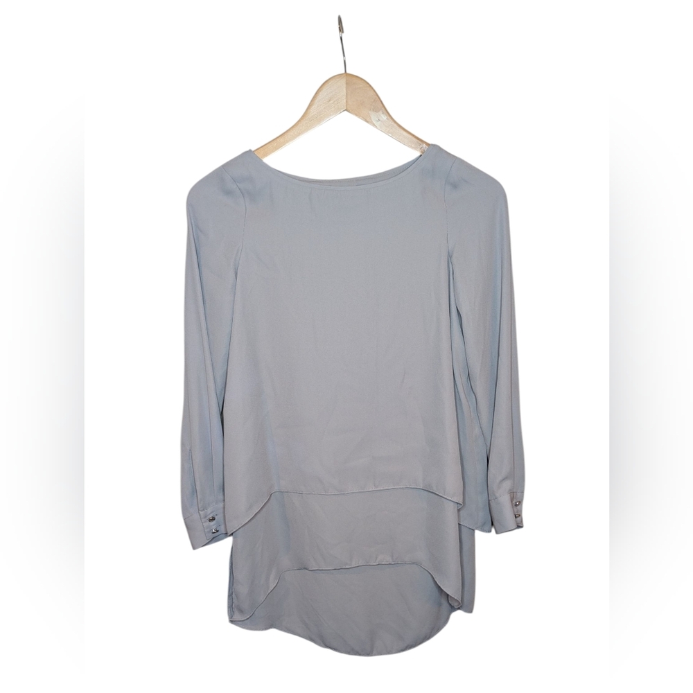 White House Black Market Top Petites 00P Gray Long Sleeve Split Back Hi-Lo Hem